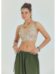 Lace Up Open Back Adjustable Beige Floral Blouse 4650